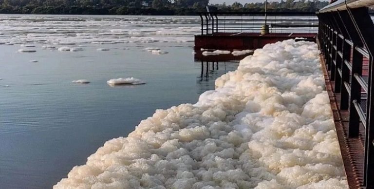 El río Uruguay crece y aparece espuma natural en la costa de Concordia