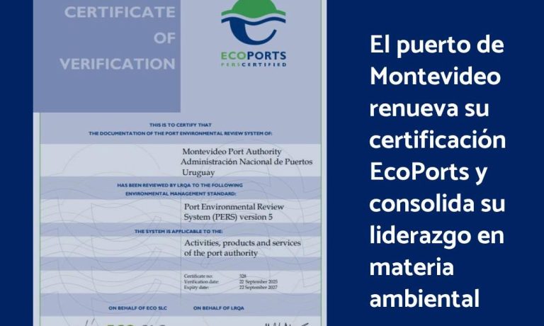 El Puerto de Montevideo renueva su certificación EcoPorts y consolida su liderazgo ambiental en América Latina